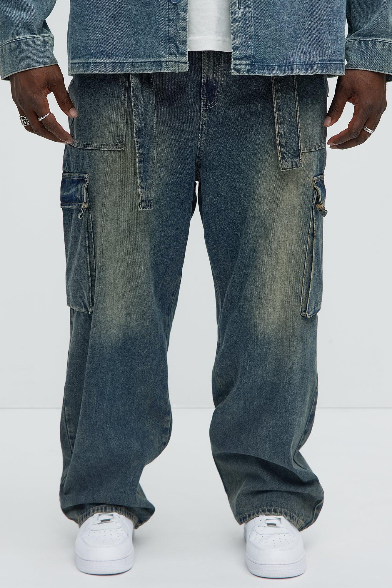 Tied Up Cargo Baggy Jeans - Medium Blue Wash Product Image