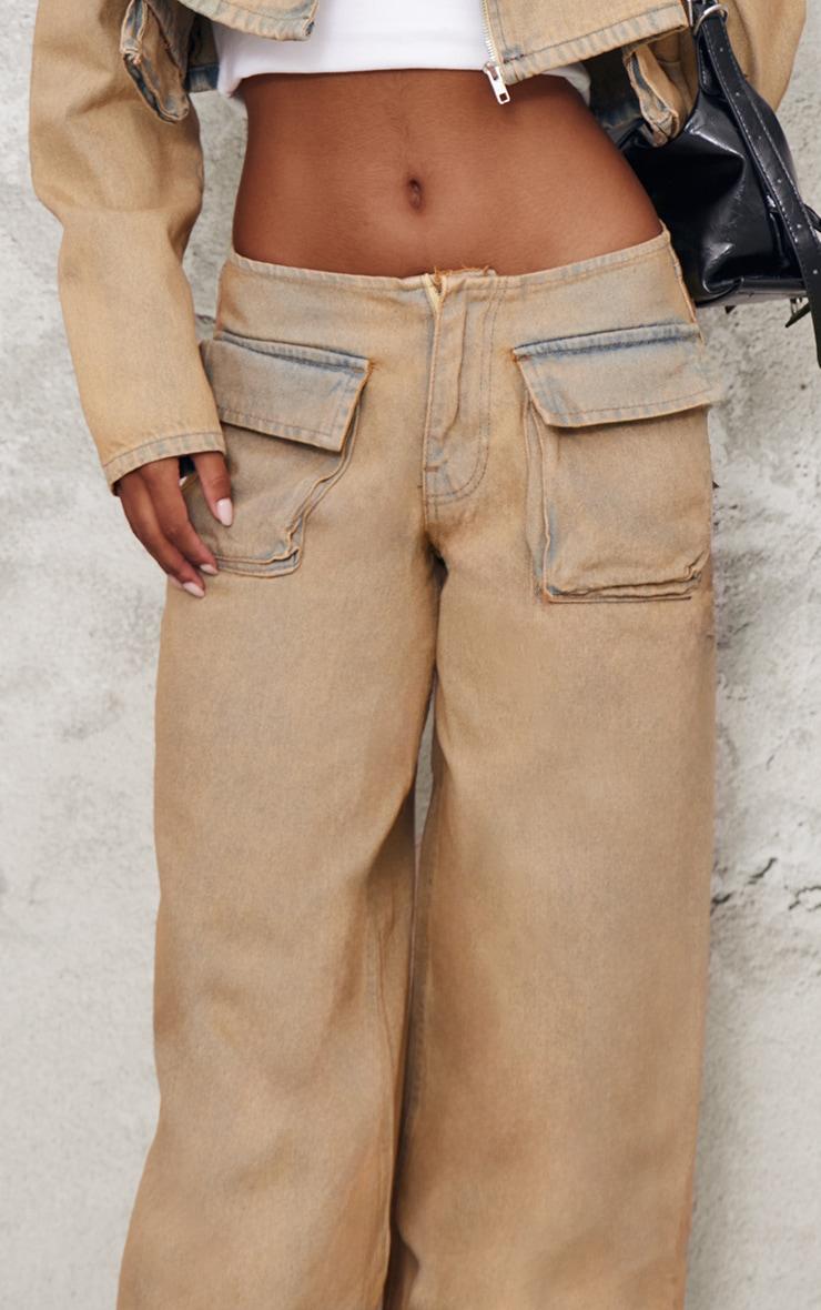 Brown Acid Wash Pocket Detail Frayed Hem Wide Leg Jean Product Image