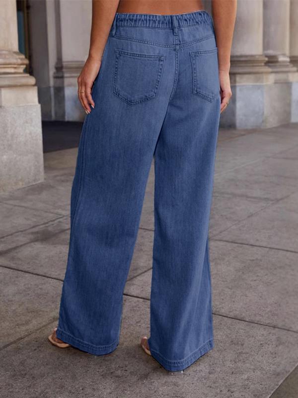 High Waisted Loose Drawstring Elasticity Split-Joint Jean Pants Bottoms Product Image