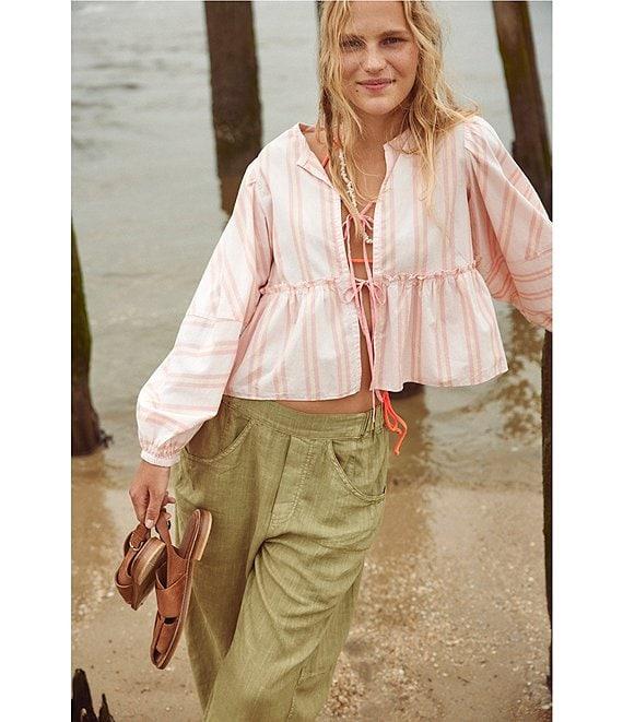 Free People Brunch Babe Stripe Print V-Neck Tie Front Long Sleeve Blouse Product Image