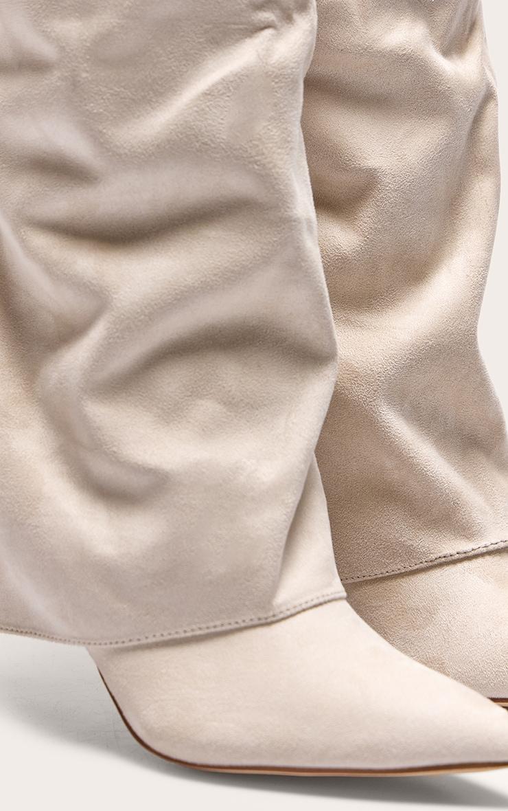 Stone Faux Suede Point Toe Fold Over High Stiletto Knee High Heeled Boots Product Image