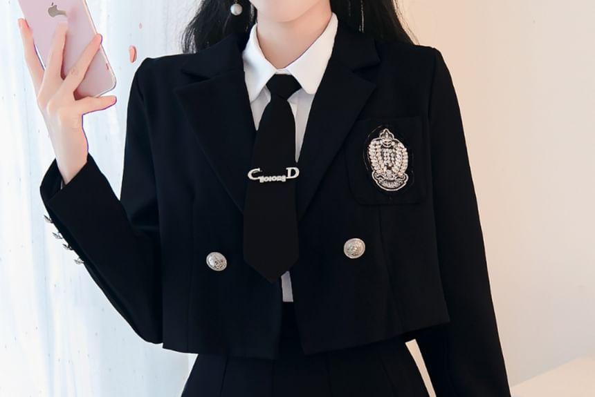 Plain Shirt / High Waist Pleated Mini A-Line Skirt / Embroidered Cropped Double-Breasted Blazer / Set Product Image