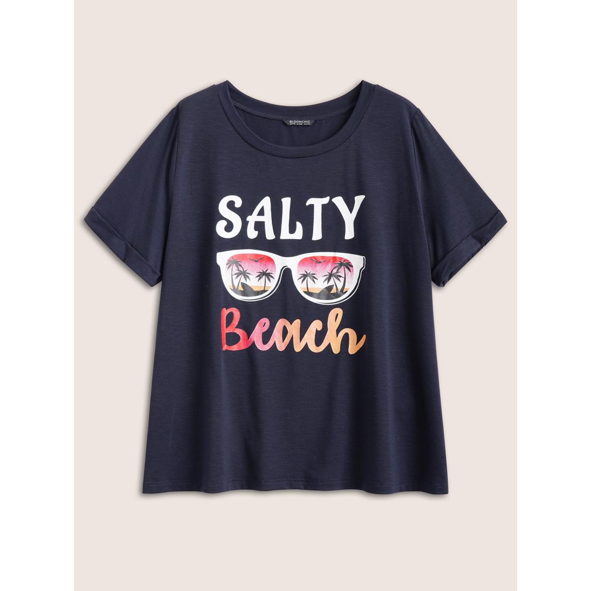 Plus Size Vacation Tropical Print Round Neck T-shirt Midnight Women Resort Non Tropical Vacation T-shirts BloomChic 12/L Product Image