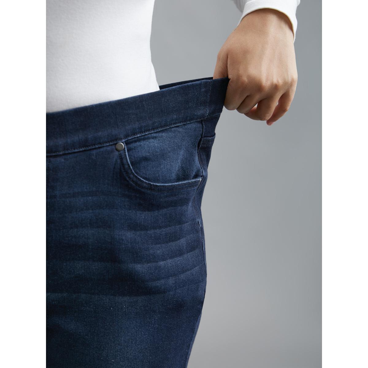 Plus Size Elastic Waist Pocket Bootcut Jeans Women Denimindigo Casual Medium stretch Slanted pocket Jeans BloomChic 22/3X Product Image