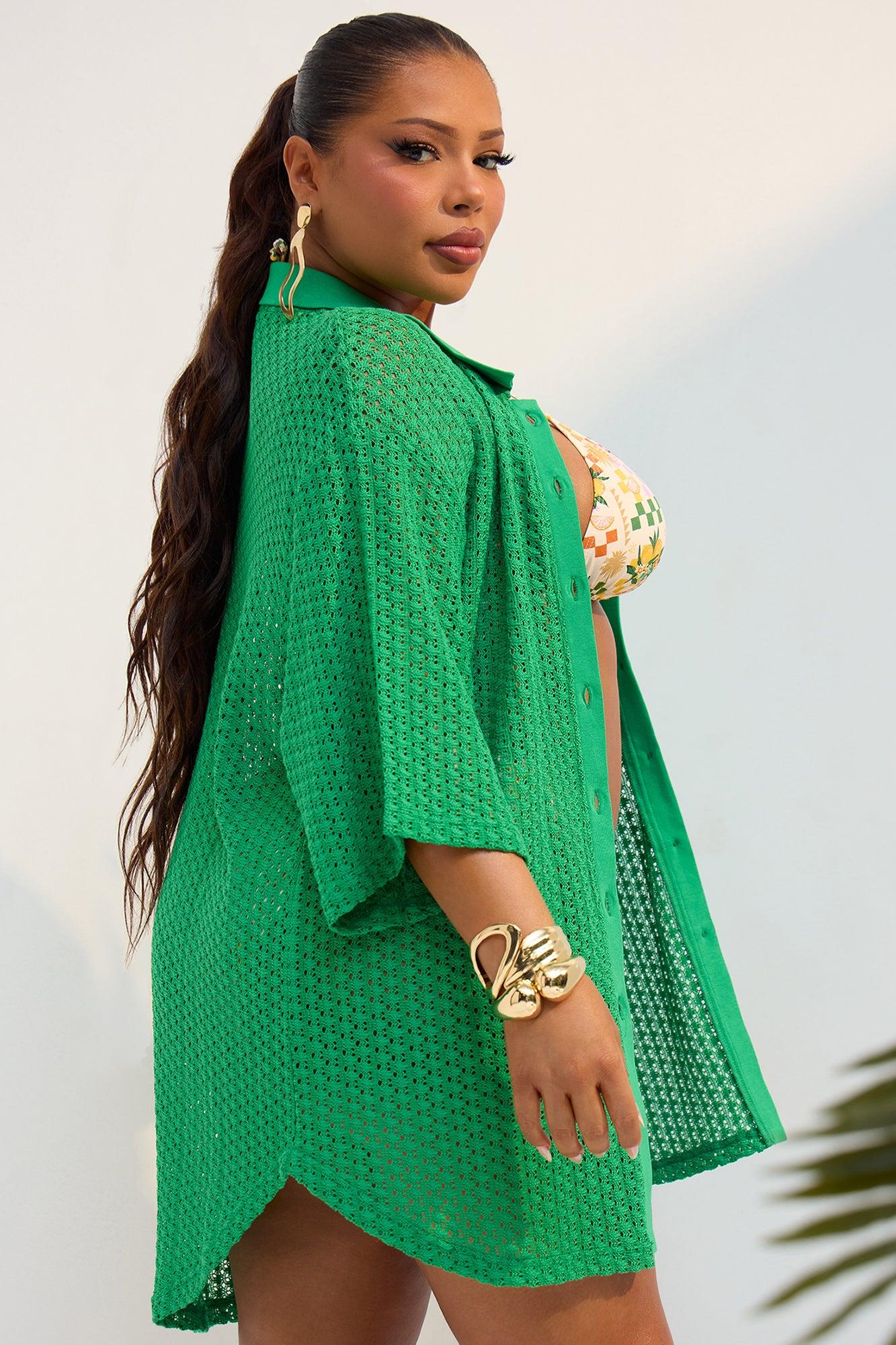 Abby Button Up Swim Cover Up Top - Kelly Green Product Image