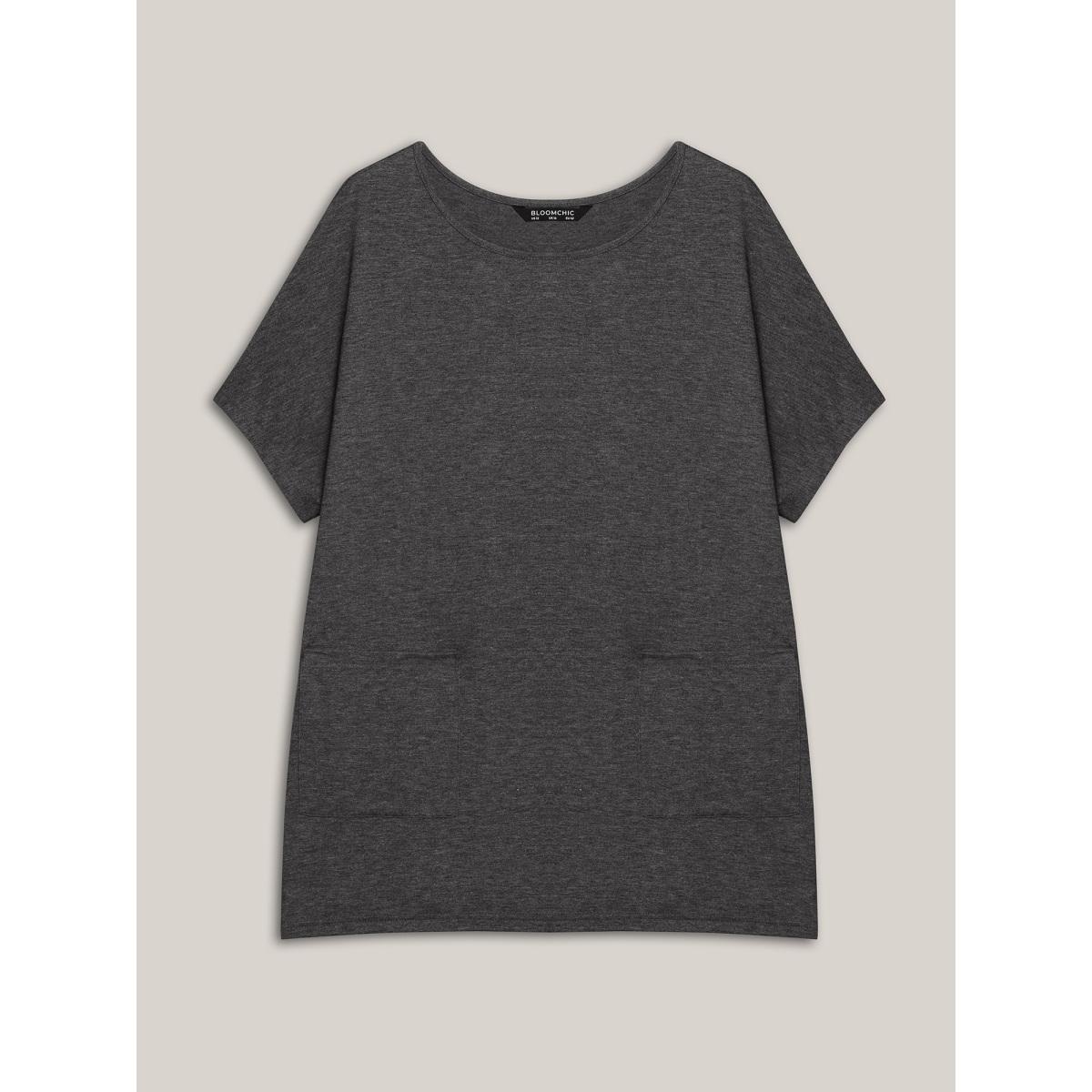 Plus Size Stretchy Knit Pockets Curvy-Fit T-Shirt DimGray Women Non Round Neck Loose Everyday-Casual T-shirts BloomChic 14-16/1X Product Image