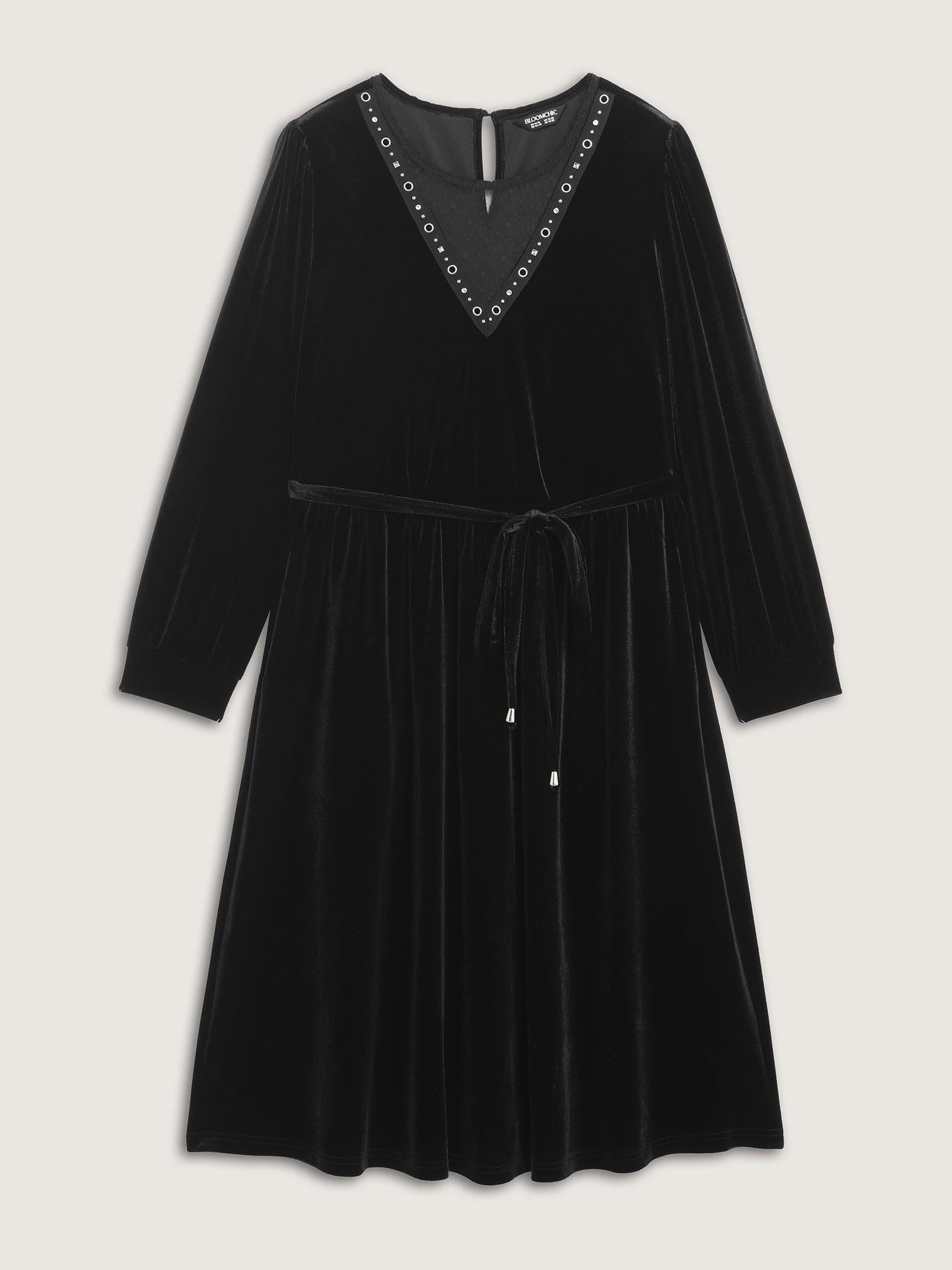 Velvet Sheer Neckline Belted Waist Maxi Dress Female Product Image