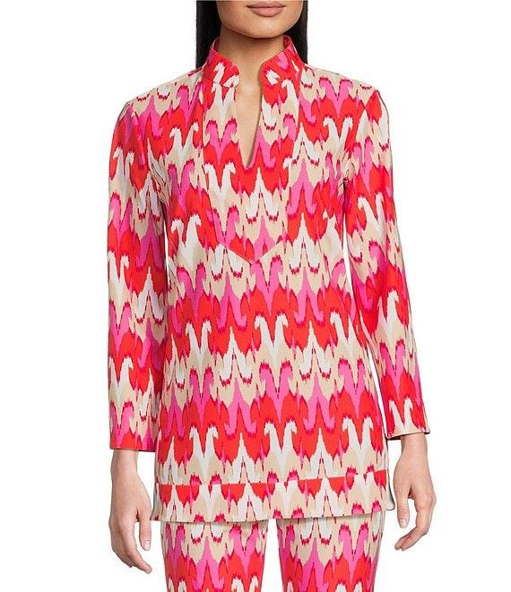 Jude Connally Chris Paradise Ikat Peony Print Jude Cloth Stretch Knit Mandarin Collar Bracelet Sleeve Coordinating Top Product Image