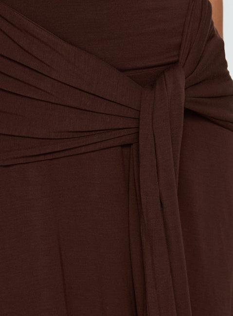Moonlit Honey Asymmetrical Halter Jersey Midi Dress Chocolate Product Image