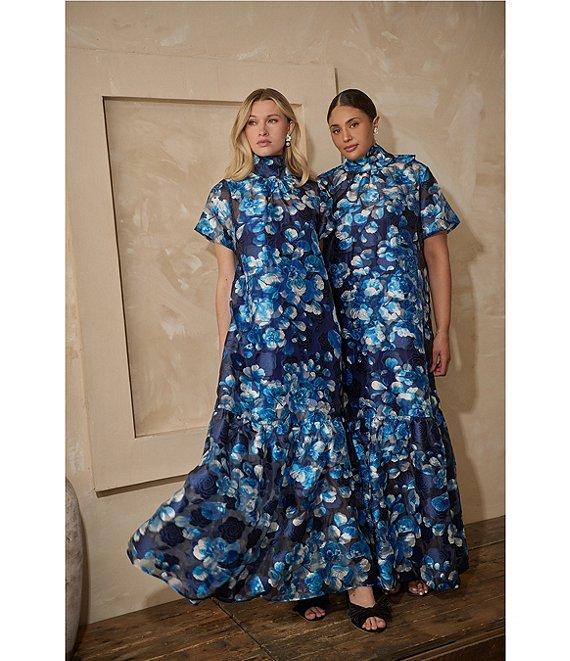 Sugarlips Abay Floral Dime Organza Mock Neck Bow Back Short Sleeve Maxi Dress Product Image