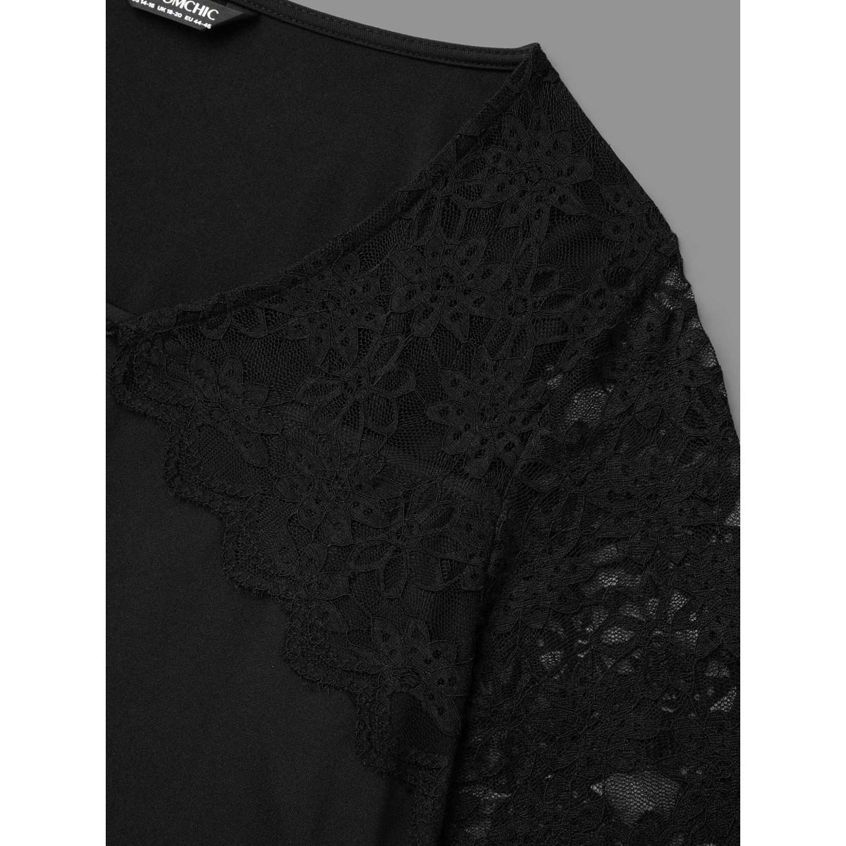 Plus Size Sheer Lace Sleeve Fit and Flare Midi Dress Black Women At the Office Woven ribbon&lace trim Asymmetrical Neck Elbow-length sleeve Curvy BloomChic 26/4X Product Image
