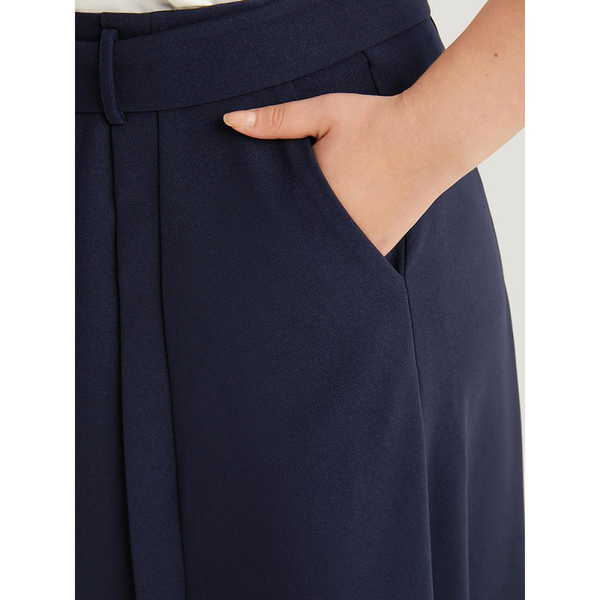 Plus Size Plain Pocket Belted Buckle Detail Midi Skirt Women Indigo Office Plain No stretch Pocket Belt Work Skirts BloomChic 18-20/2X Product Image
