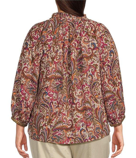Democracy Plus Size Woven Floral Paisley Split V-Neck 3/4 Sleeve Top Product Image