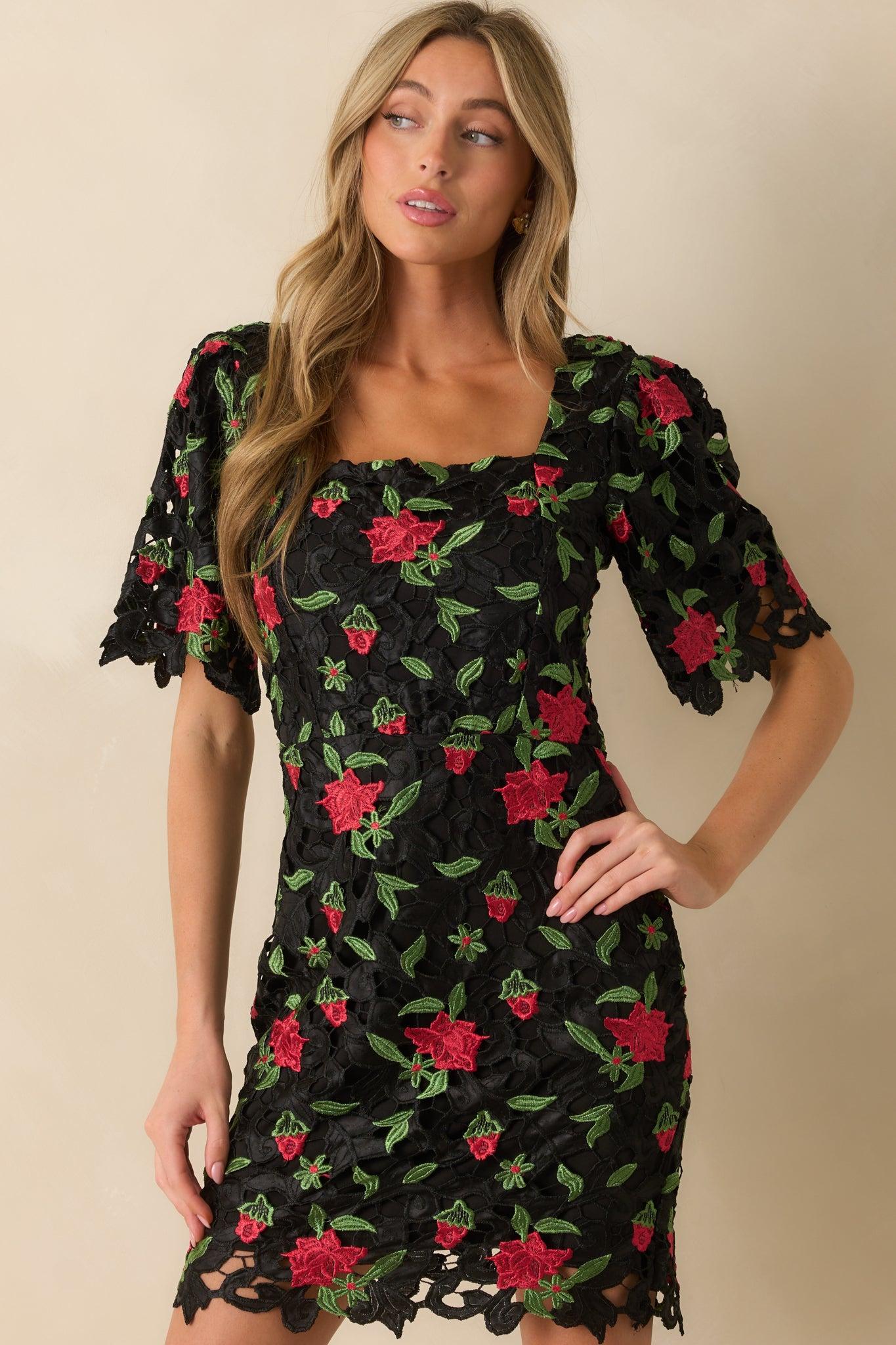 Rosebud Dreams Black Lace Embroidered Mini Dress Product Image