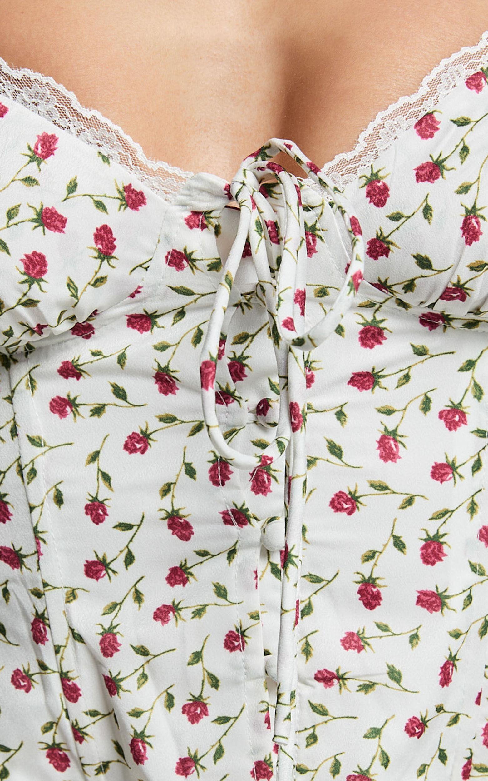 Naya Top - Button Down Tie Front Milk Maid Corset Top in Cream Rose Print Product Image