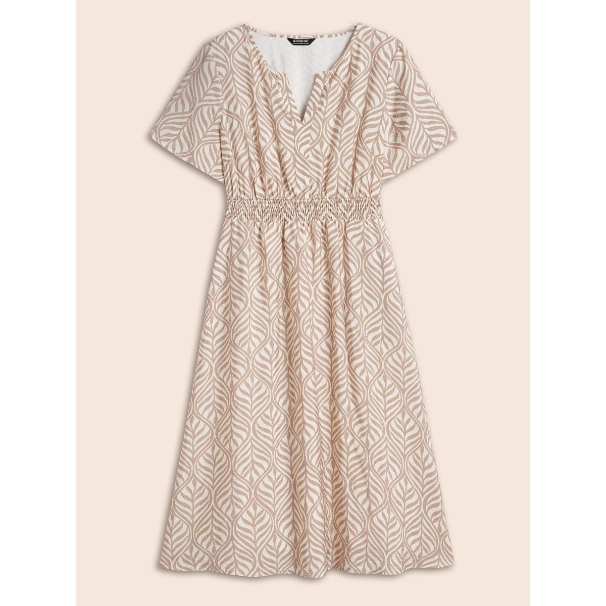 Plus Size Boho Print Notched Collar Shirred Dress LightBrown Women At the Office Shirred Notched collar Short sleeve Curvy BloomChic 12/L Product Image