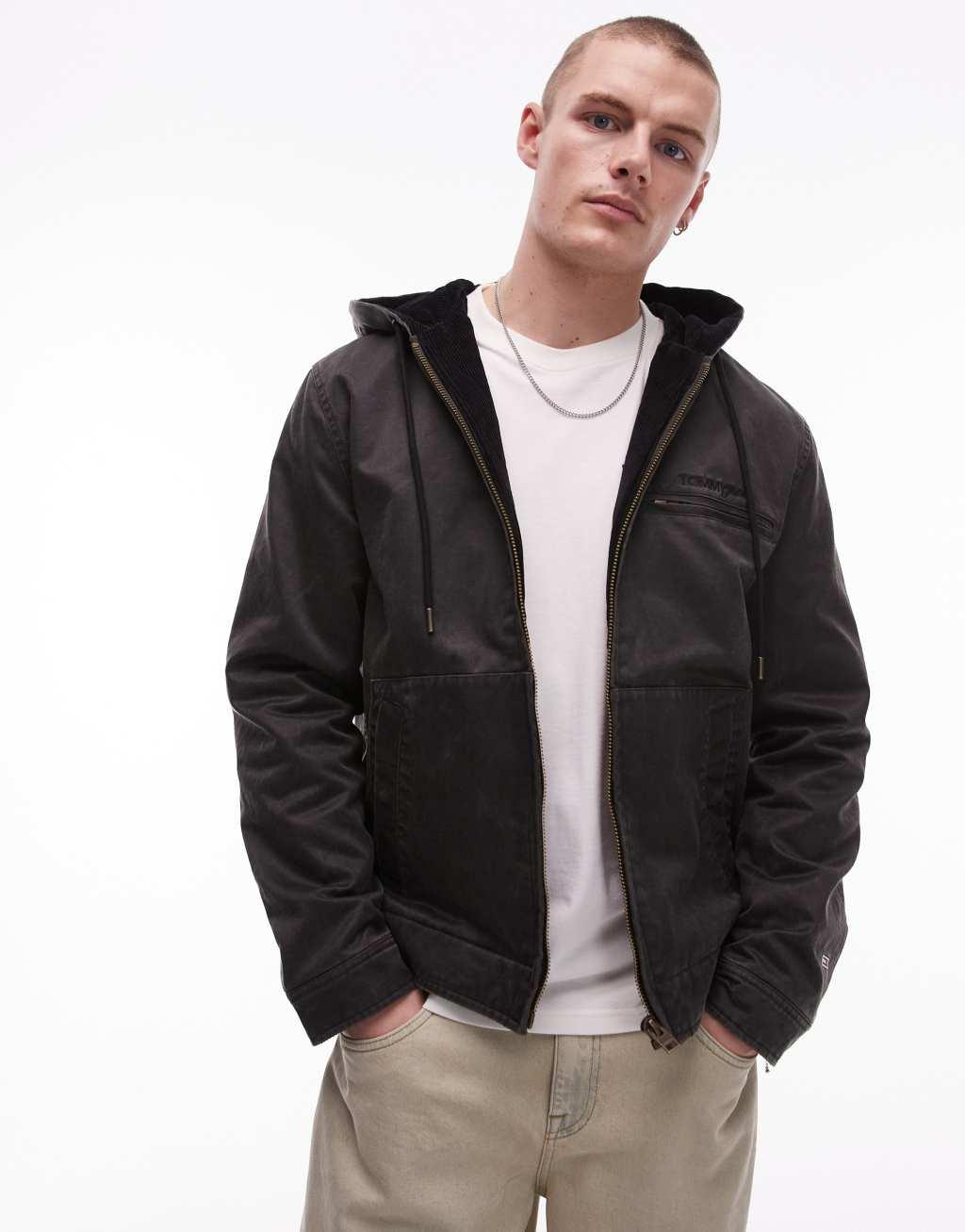 Tommy Jeans hooded denim jacket with teddy lining in black Product Image