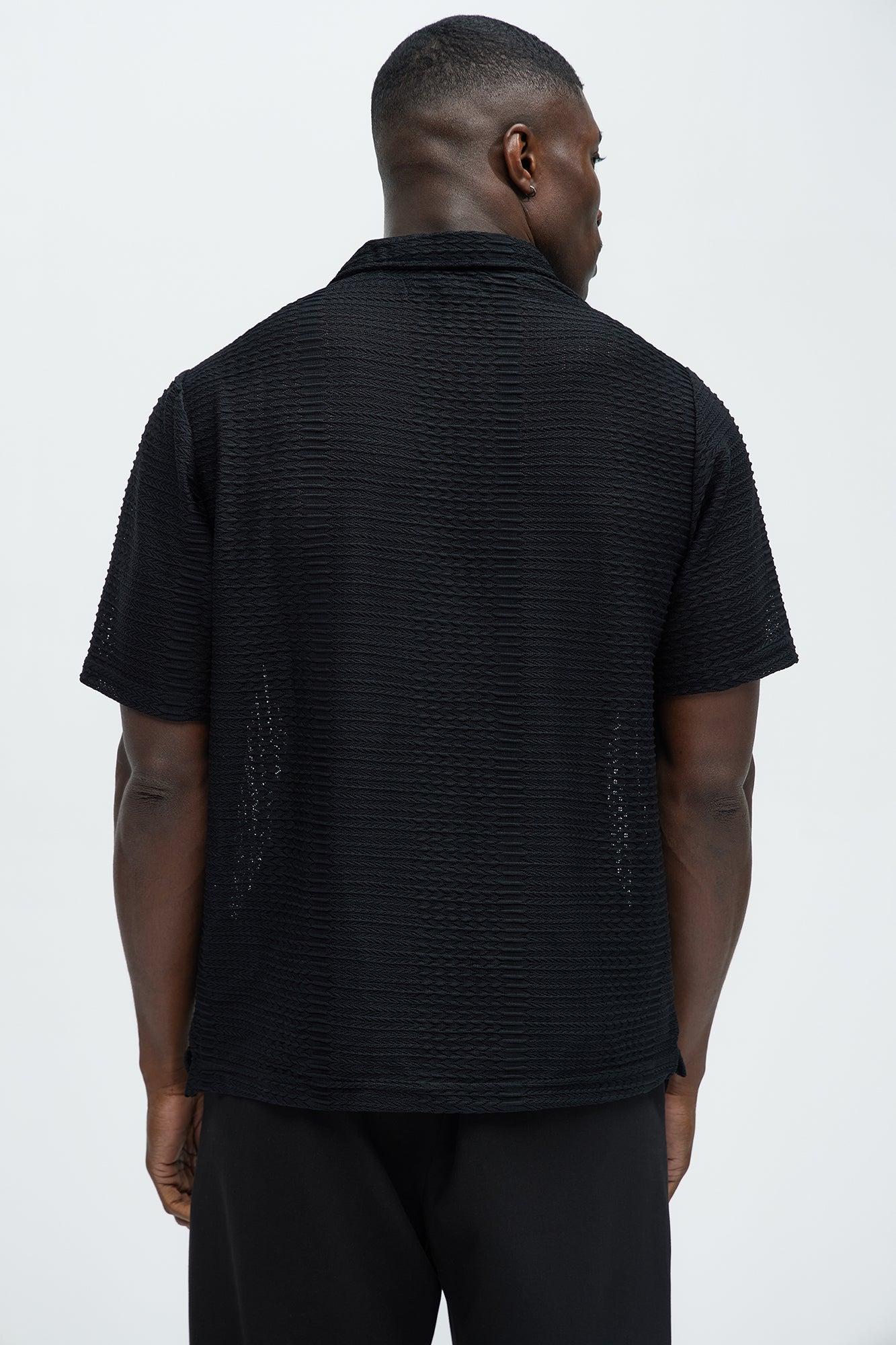 Clay Wavy Open Knit Johnny Collar Shirt - Black Product Image