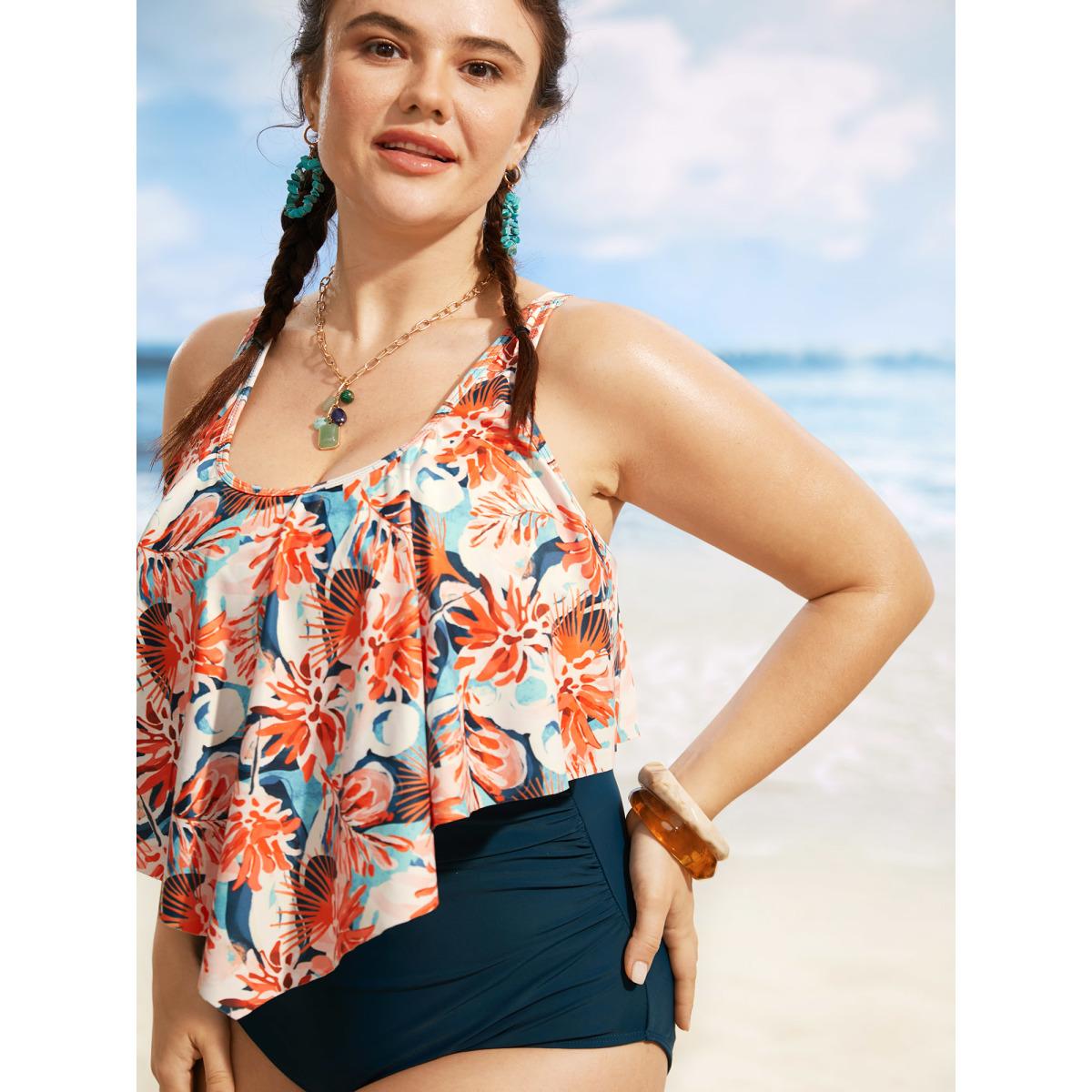 Plus Size Floral Print Tiered Ruffles One Piece Swimsuit Women's Swimwear Cyan Beach Gathered Curve Bathing Suits High stretch One Pieces BloomChic 18-20/2X Product Image
