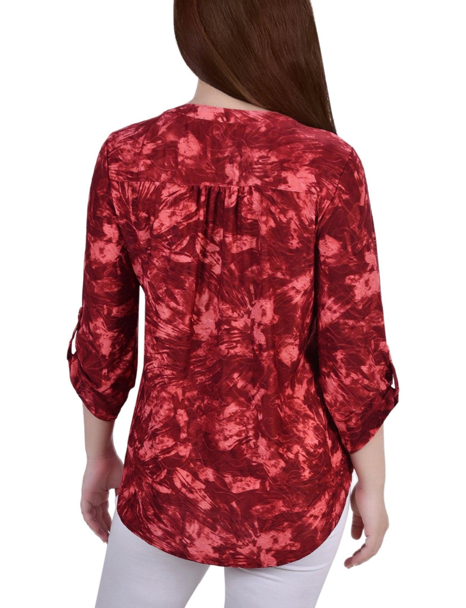 Wine Tiedye 3/4 Sleeve Blouse With Necklace - Petite Product Image