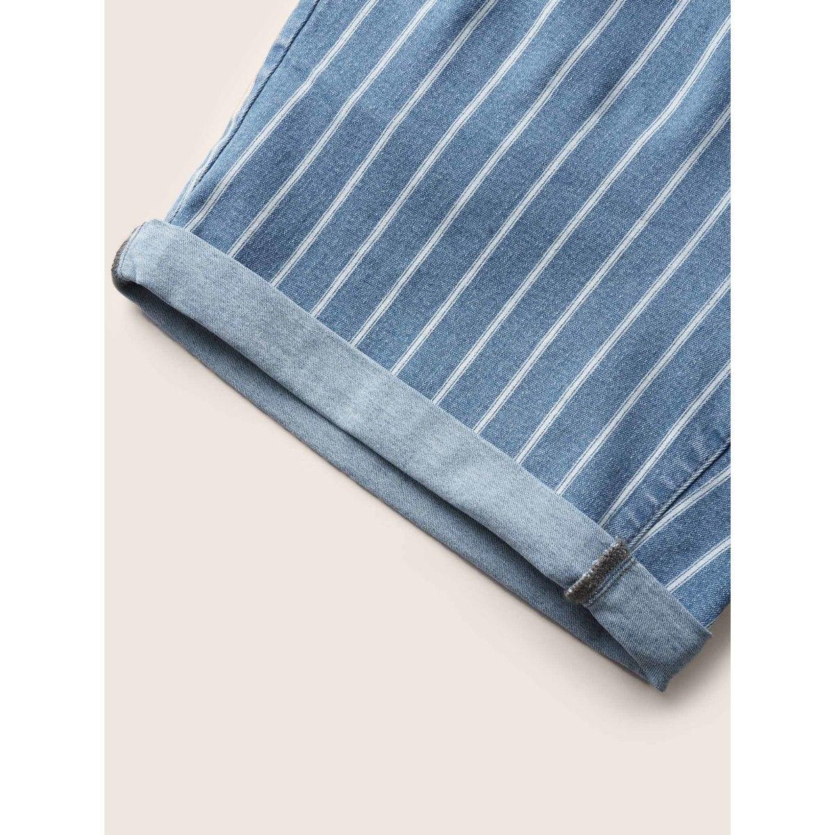 Plus Size Striped Roll Hem Light Wash Denim Shorts Women Denimblue Roll Hem High stretch Everyday Slanted pocket Casual Denim Shorts BloomChic 18/2X Product Image
