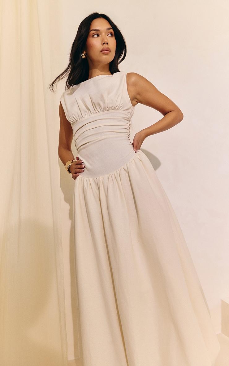 Cream Boat Neck Ruched Detail Puffball Maxi Dress Product Image