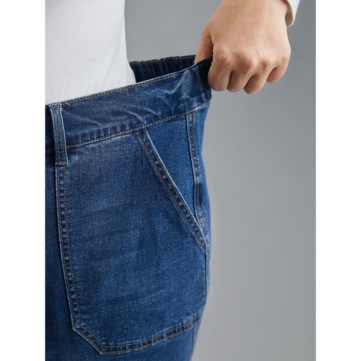 Plus Size Elastic Cuffs Adjustable Waist Straight Jeans Women Midblue Casual Button Medium stretch Slanted pocket Jeans BloomChic 22/3X Product Image