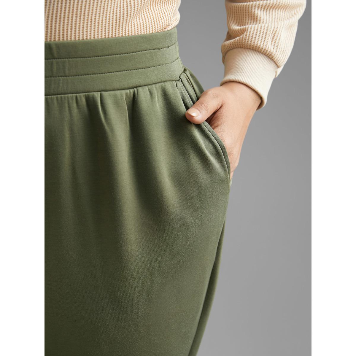 Plus Size Solid Elastic Waist Mid Rise Pants Women Sage Casual Mid Rise Everyday Pants BloomChic 14-16/1X Product Image