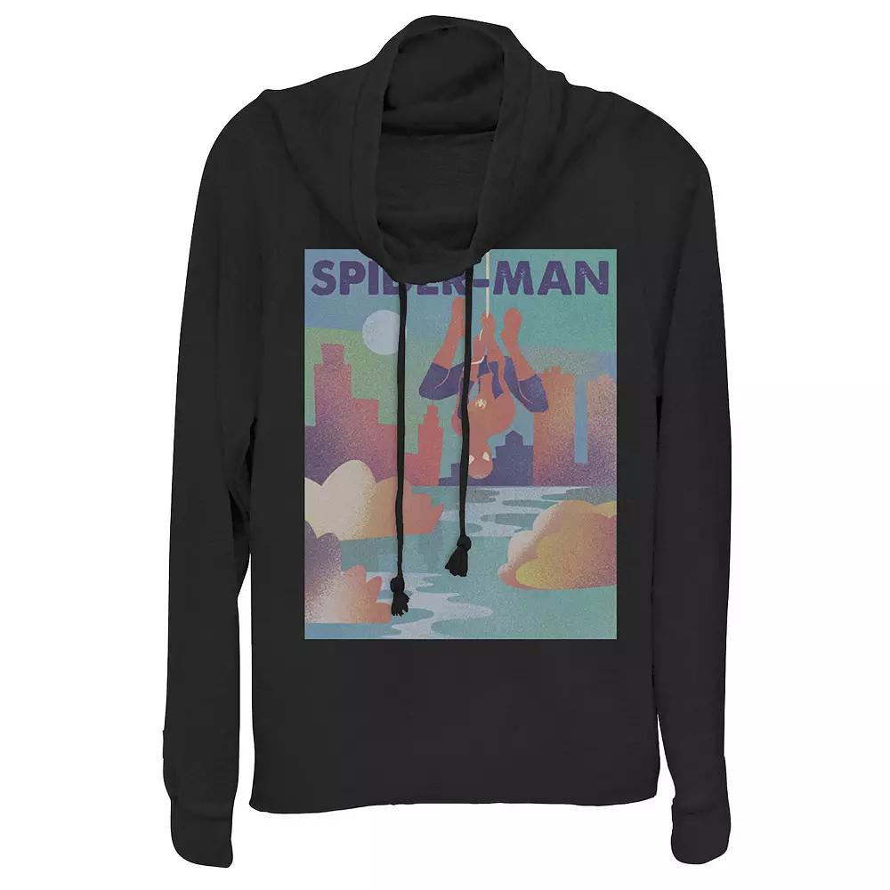 Juniors' Marvel Spider-Man City Skyline Poster Cowlneck Graphic Lightweight Long Sleeve, Girl's, Size: XS, Black Product Image