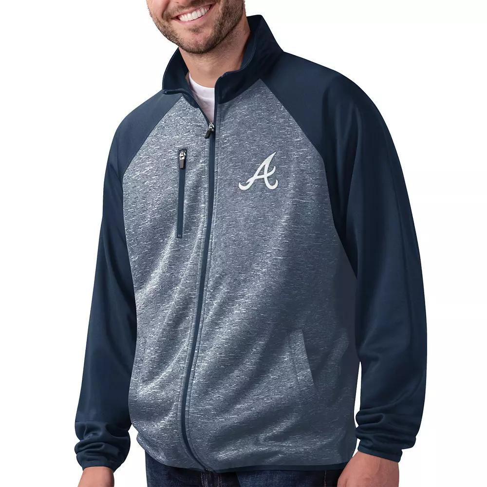Men's G-III Sports by Carl Banks  Gray/Navy Atlanta Braves Runners Track Raglan Full-Zip Jacket, Size: Medium, Blue Product Image