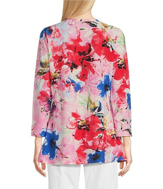 Calessa Petite Size Stretch Knit Floral Crew Neck Bracelet Sleeve Tunic Product Image