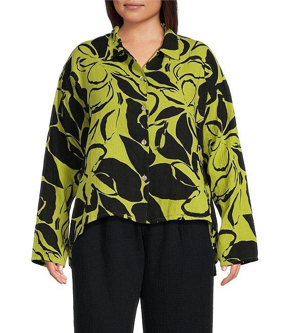 Bryn Walker Plus Miriam Petal Print Gauze Notch Collar 3/4 Sleeve Shirt Product Image