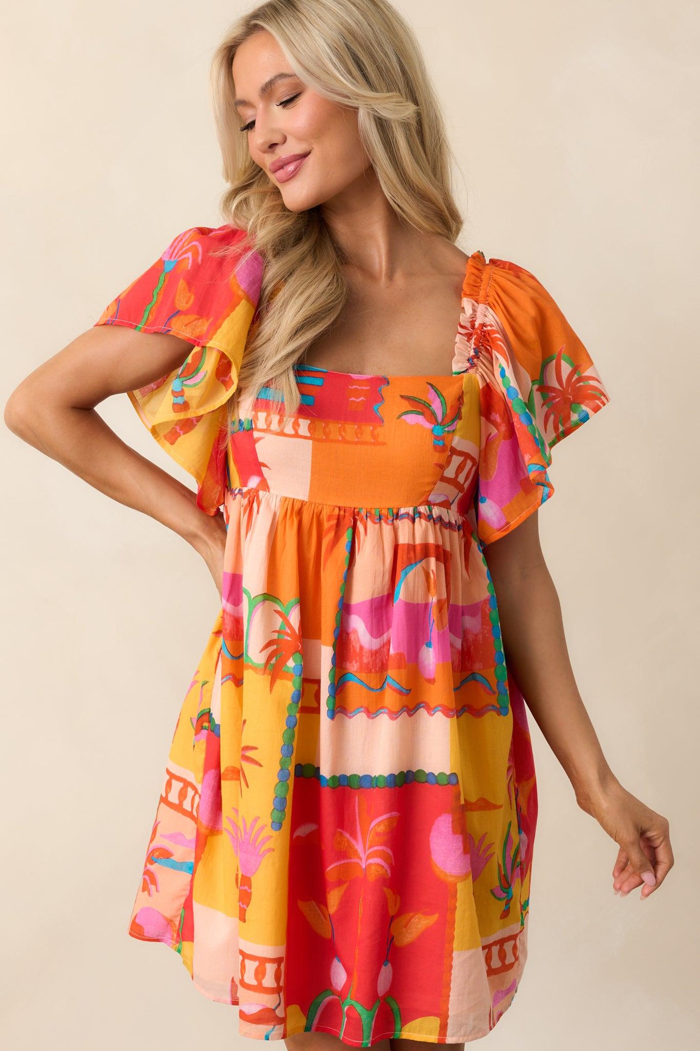 By The Shore Orange Tropical Print Cotton Mini Dress Product Image