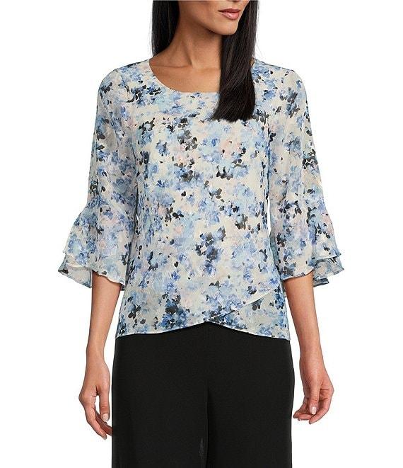 Alex Evenings Chiffon Scoop Neck 3/4 Bell Sleeve Tulip Hem Blouse Product Image