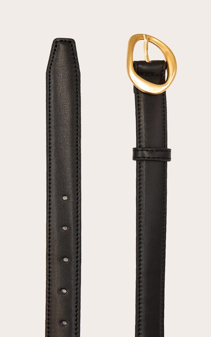 Black Smooth Faux Leather Skinny Belt with Abstract Buckle Detail Product Image