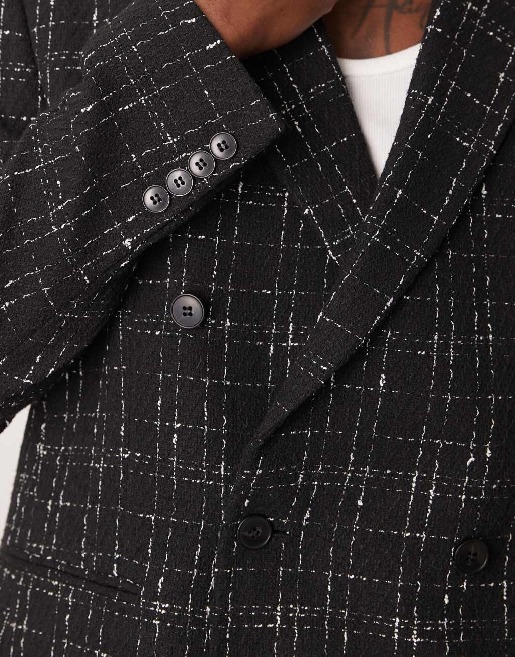 ASOS DESIGN regular double breasted suit jacket in black and white crosshatch texture Product Image