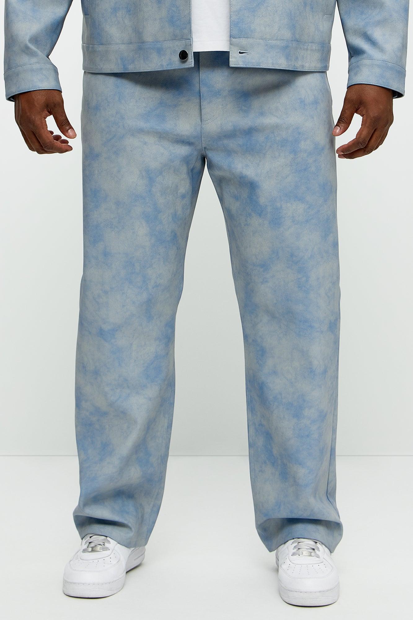 Cloud Wash Faux Leather Straight Pants - Blue Product Image