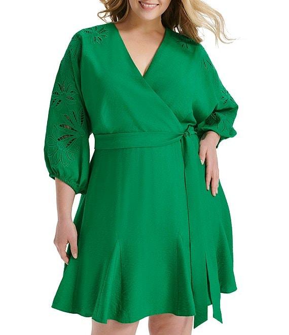 DKNY by Donna Karan Plus Size 3/4 Sleeve V-Neck Tie Waist Faux Wrap Dress Product Image