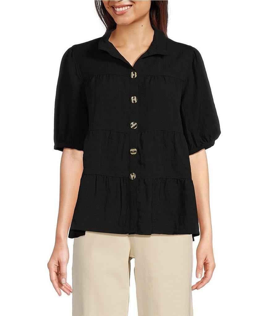 John Mark Wire Collar Short Sleeve Tiered Button-Front Top Product Image