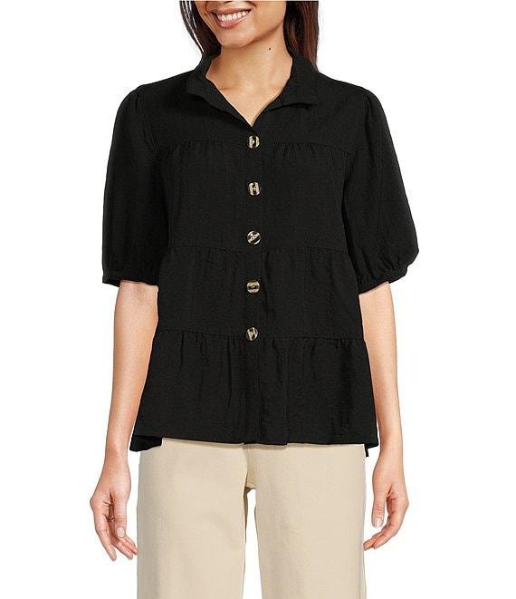 John Mark Wire Collar Short Sleeve Tiered Button-Front Top Product Image
