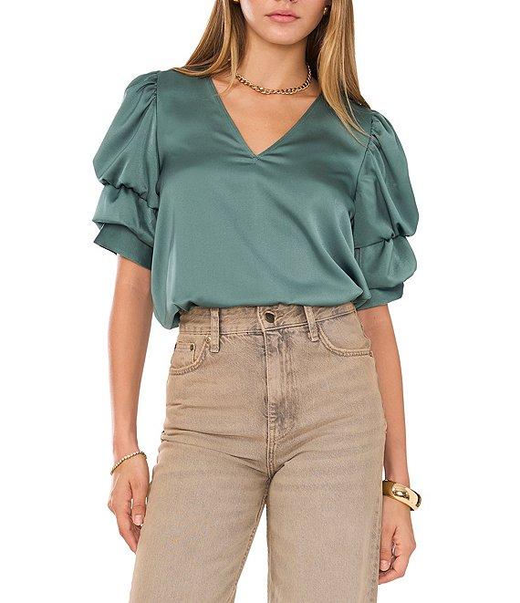 1. STATE V-Neck Short Tiered Bubble Sleeve Blouse Product Image