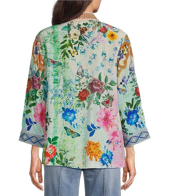 John Mark Floral-Printed Embroidered-Trim 3/4 Sleeve Kimono Product Image