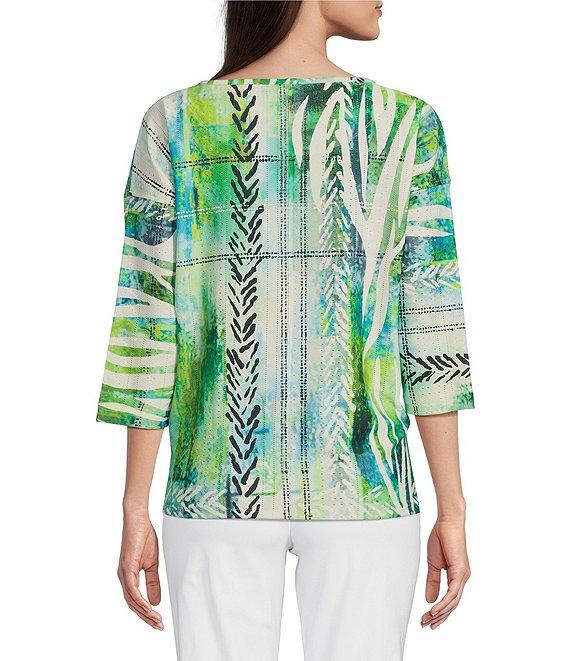 Ali Miles Petite Size Textured Knit Abstract Print Scoop Neck 3/4 Dolman Sleeve Eyelet Top Product Image