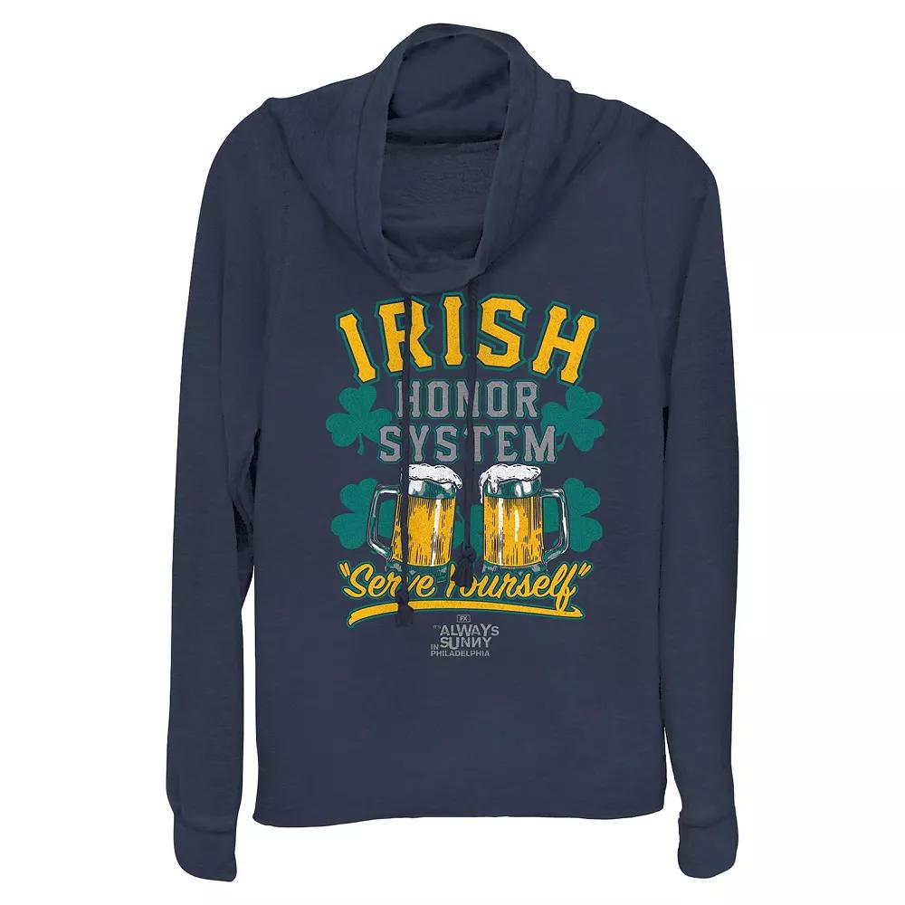 Women's It's Always Sunny In Philadelphia Irish Honor System Serve Yourself Cowlneck Graphic Lightweight Long Sleeve, Size: XS, Blue Product Image