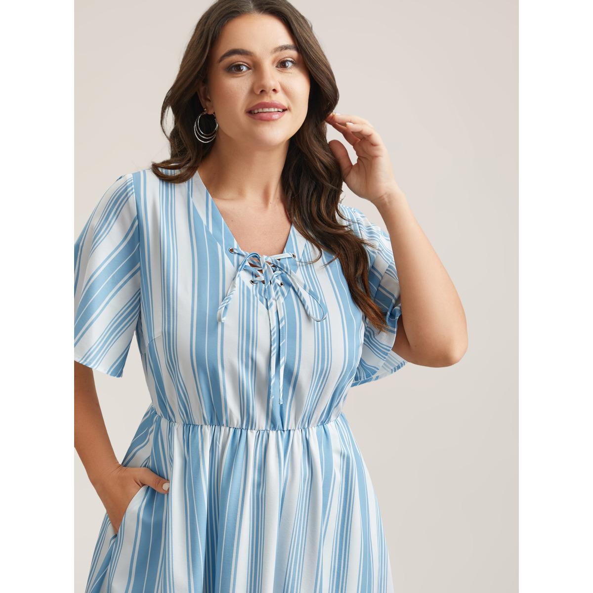 Plus Size Nautical Stripes Neck Tie Midi Dress Cerulean Women Casual Wraparound straps V-neck Half Sleeve Curvy BloomChic 14-16/1X Product Image