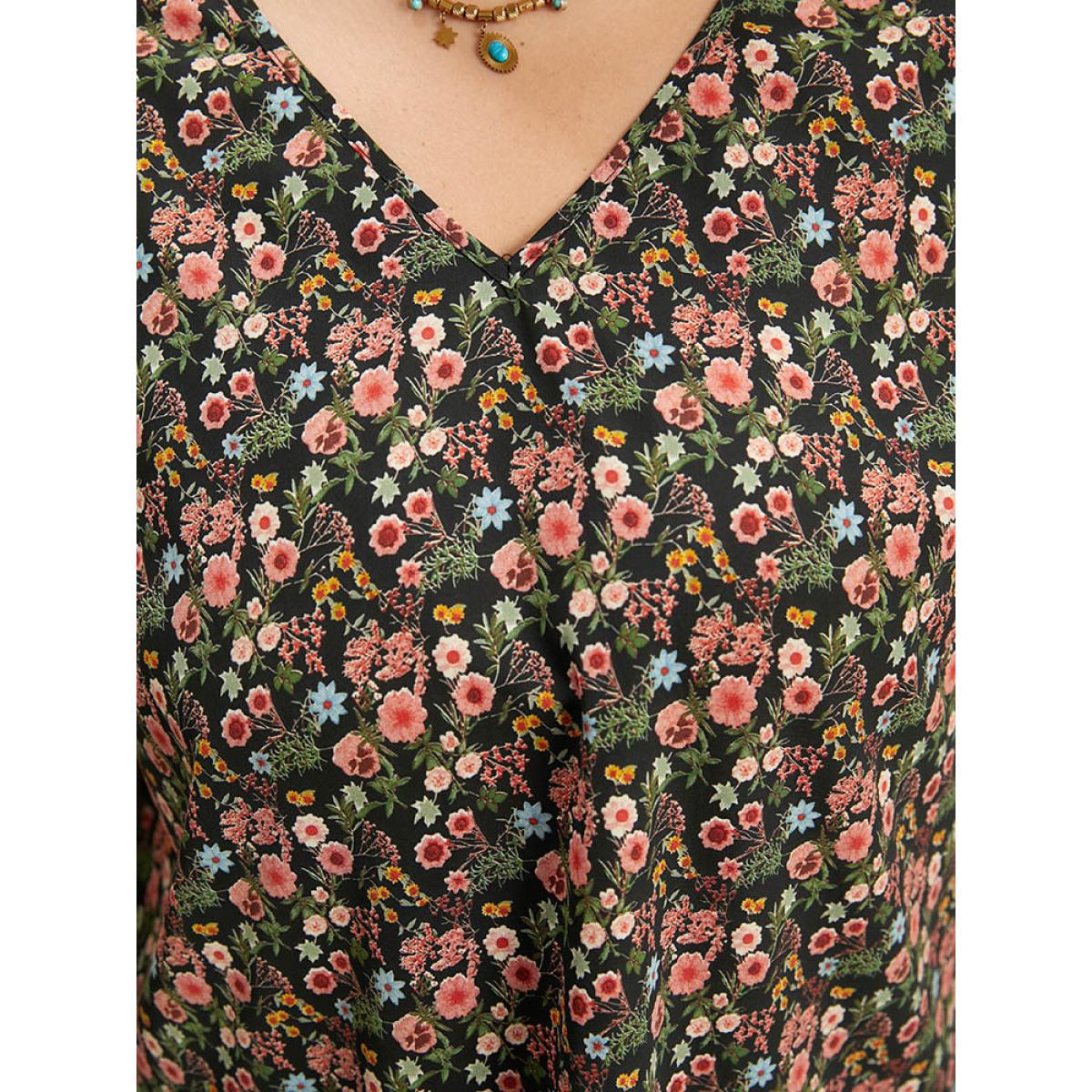 Plus Size BlackFlower Floral Print Layered Ruffle Sleeve Blouse Women Elegant Short sleeve V-neck Dailywear Blouses BloomChic 18-20/2X Product Image