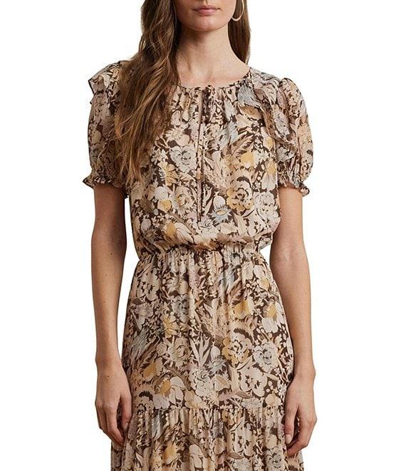 Lauren Ralph Lauren Georgette Floral V-Neck Short Puff Sleeve A-Line Maxi Dress Product Image