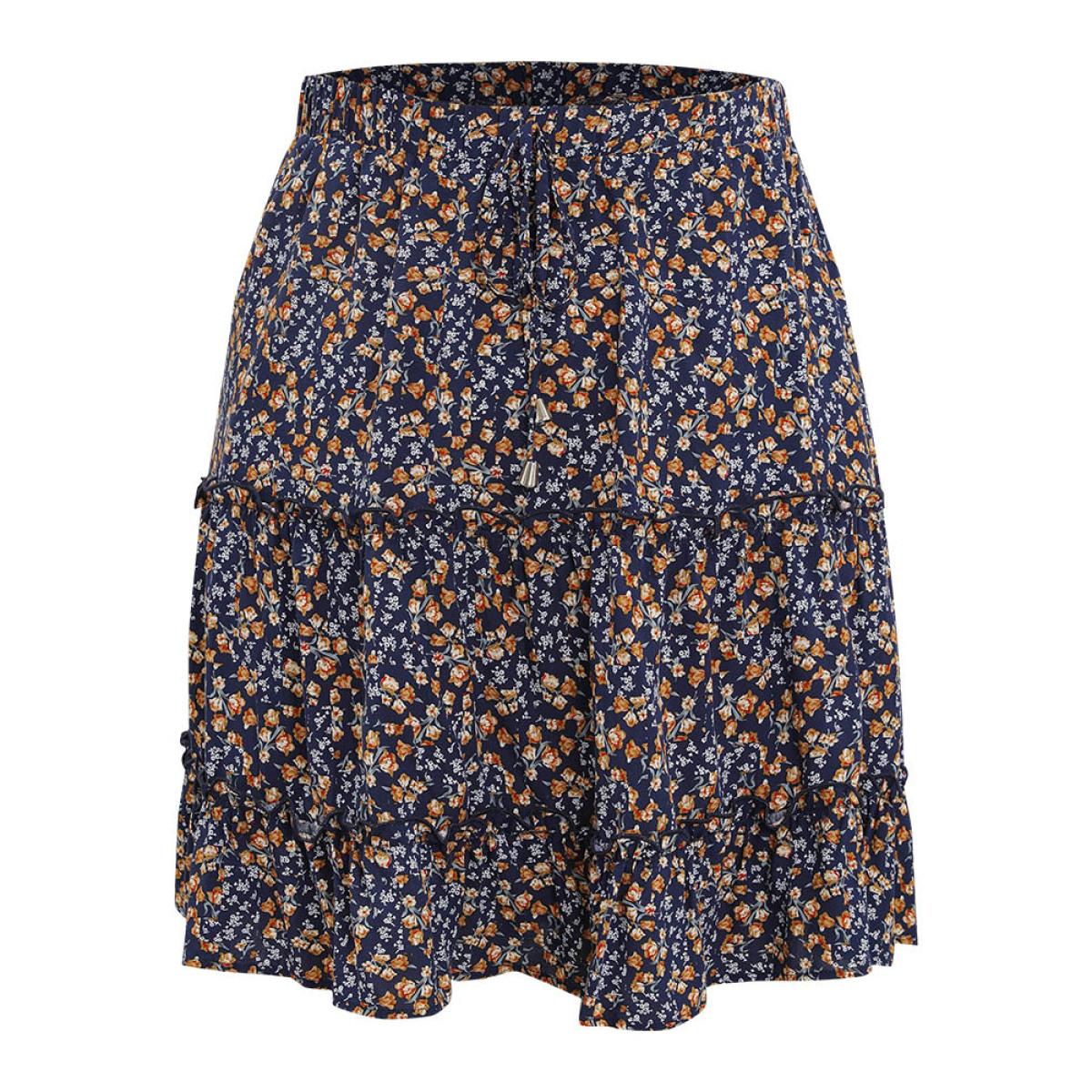 Plus Size Ditsy Floral Ruffle Hem Pocket Frill Trim Skirt Women Indigo Elegant Printed No stretch Dailywear Skirts BloomChic 26/4X Product Image