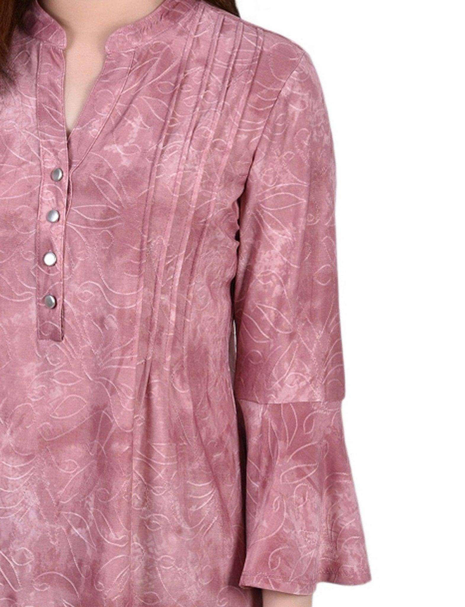 Mauve Tie Dye 3/4 Bell Sleeve Pleat Front Y Neck Top Product Image