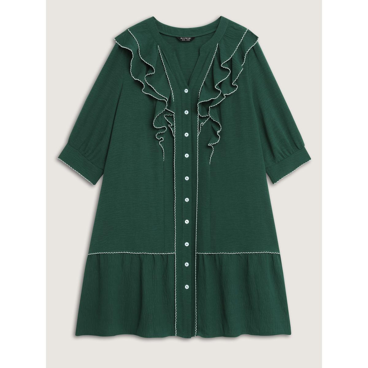 Plus Size Ruffled Neck Tiered Button Knee-Length Dress DarkGreen Women Leisure Contrast Flat collar with V-notch Elbow-length sleeve Curvy BloomChic 28/5X Product Image